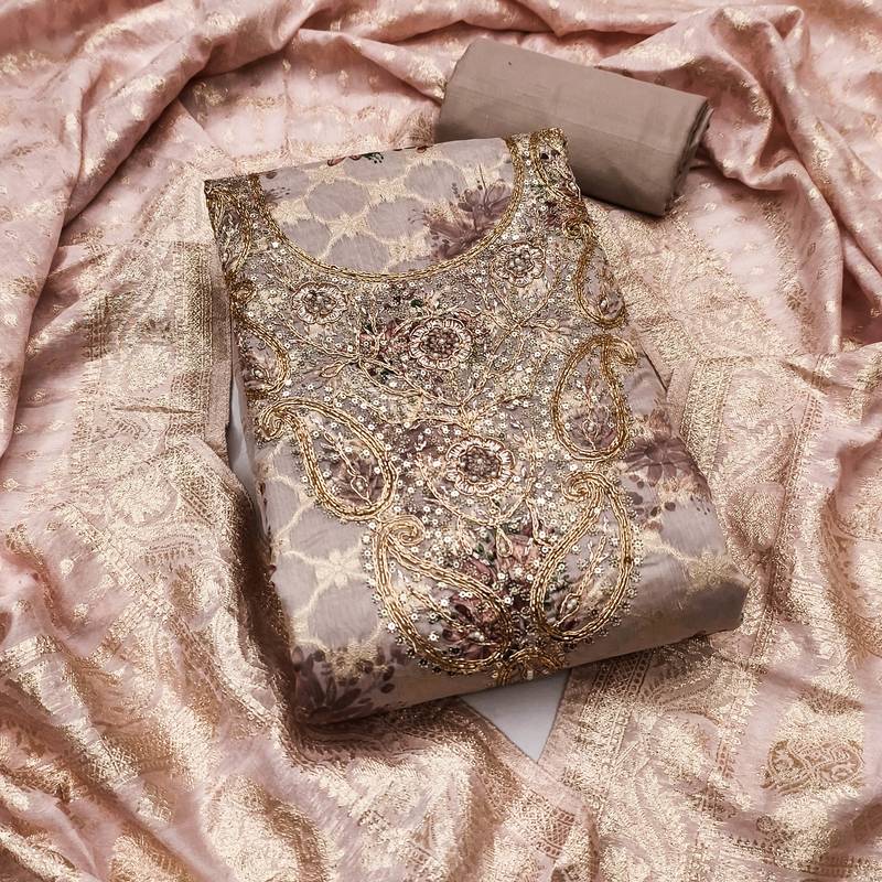 Brown banarasi modal digital print unstitched dress material