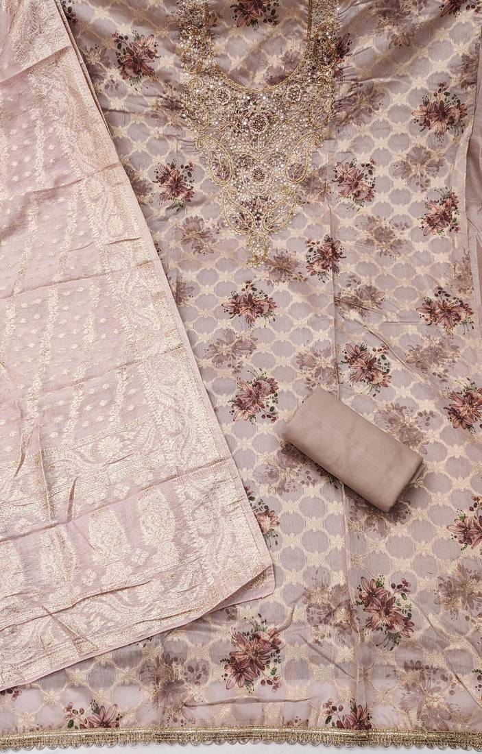Brown banarasi modal digital print unstitched dress material