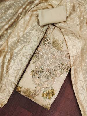 Beige banarasi modal digital print unstitched dress material 1