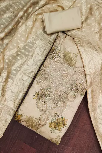 Beige banarasi modal digital print unstitched dress material