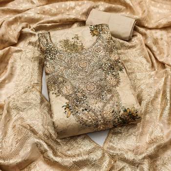 Beige banarasi modal digital print unstitched dress material 2