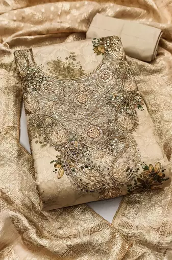 Beige banarasi modal digital print unstitched dress material