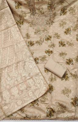 Beige banarasi modal digital print unstitched dress material 3