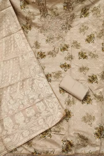 Beige banarasi modal digital print unstitched dress material
