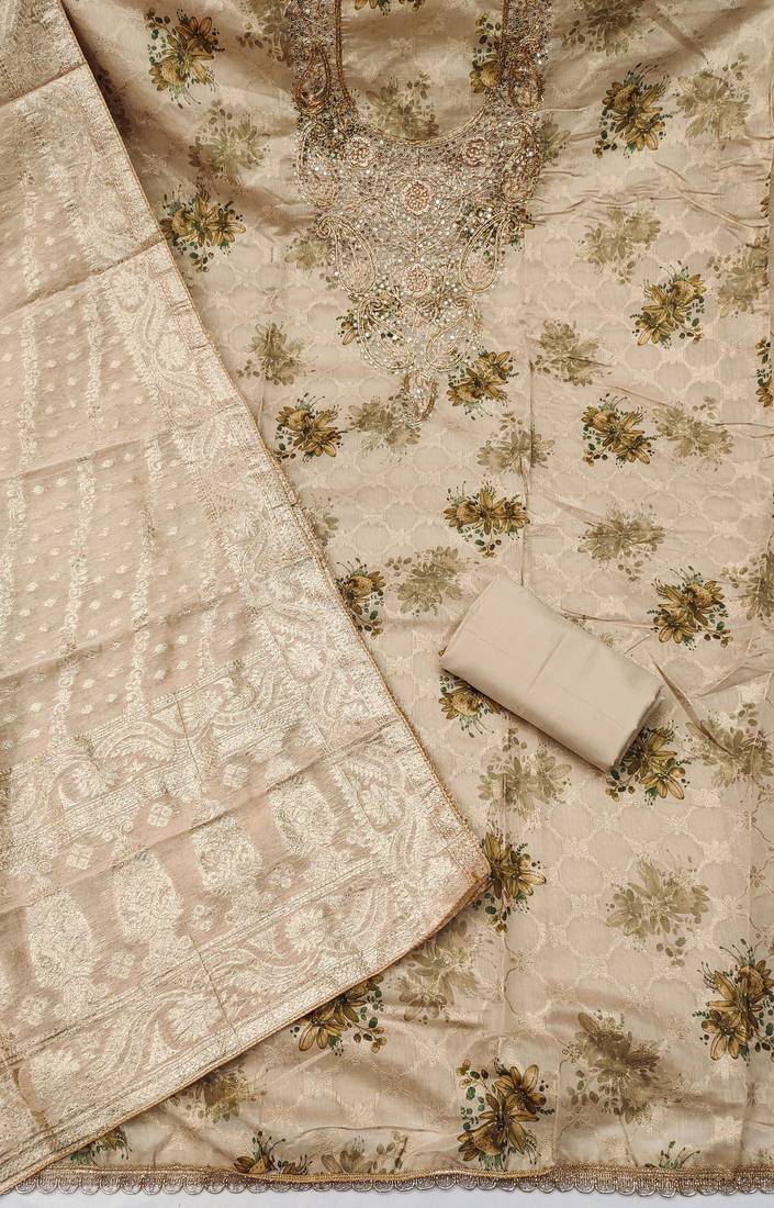 Beige banarasi modal digital print unstitched dress material