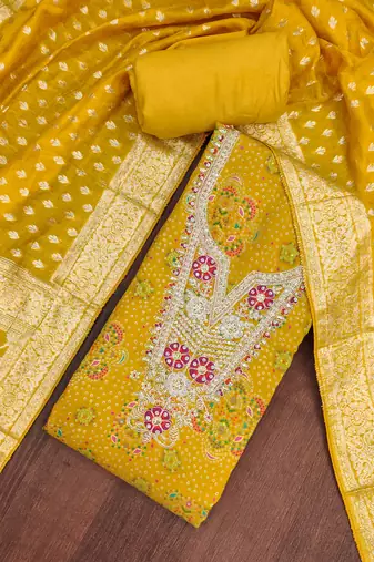 Yellow modal printed unstitched dress material