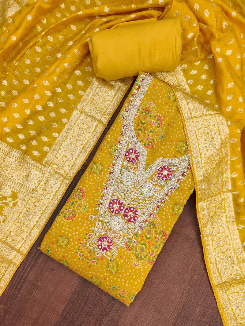 Yellow modal printed unstitched dress material
