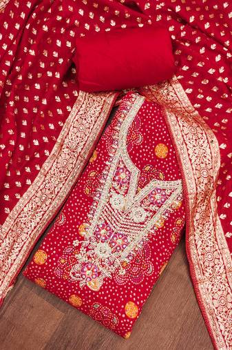 Red modal printed unstitched dress material