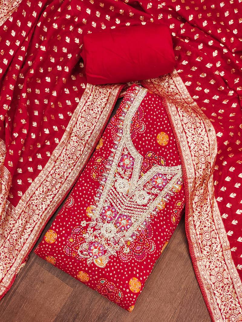 Red modal printed unstitched dress material