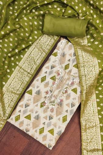 Green modal printed unstitched dress material