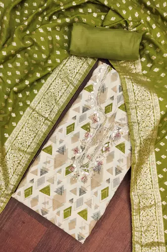 Green modal printed unstitched dress material