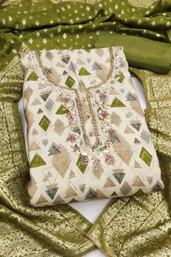 Green modal printed unstitched dress material