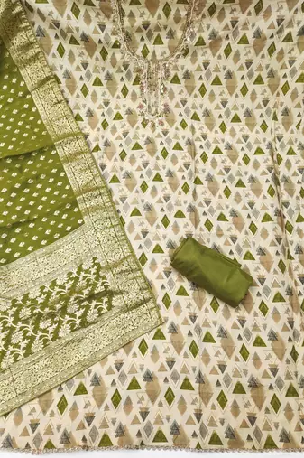 Green modal printed unstitched dress material