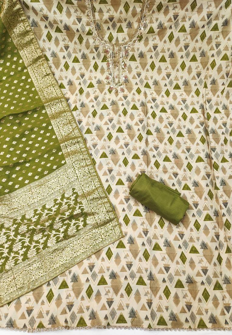 Green modal printed unstitched dress material