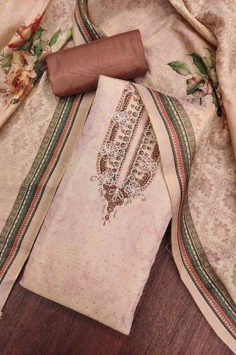 Brown cotton silk embellished unstitched dress material