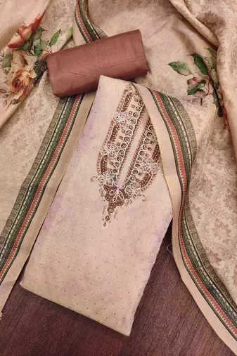 Brown cotton silk embellished unstitched dress material