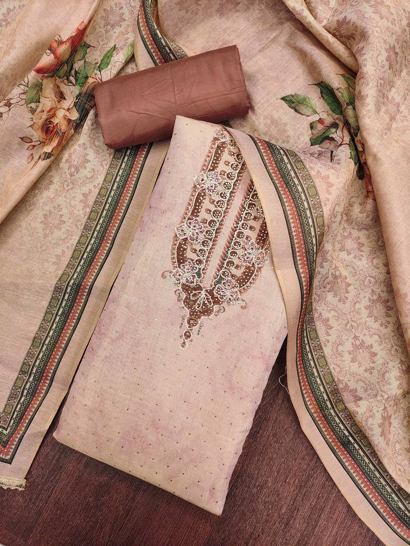 Brown cotton silk embellished unstitched dress material