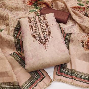 Brown cotton silk embellished unstitched dress material 2