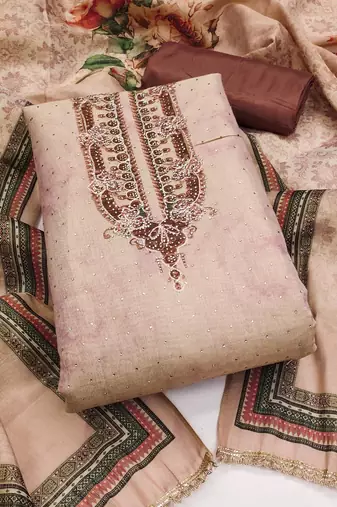 Brown cotton silk embellished unstitched dress material