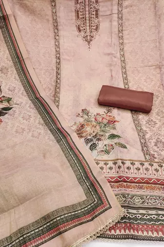 Brown cotton silk embellished unstitched dress material