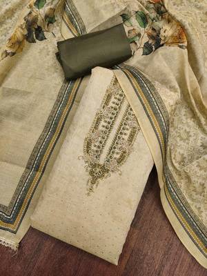 Mehendi cotton silk embellished unstitched dress material 1