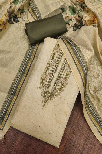 Mehendi cotton silk embellished unstitched dress material