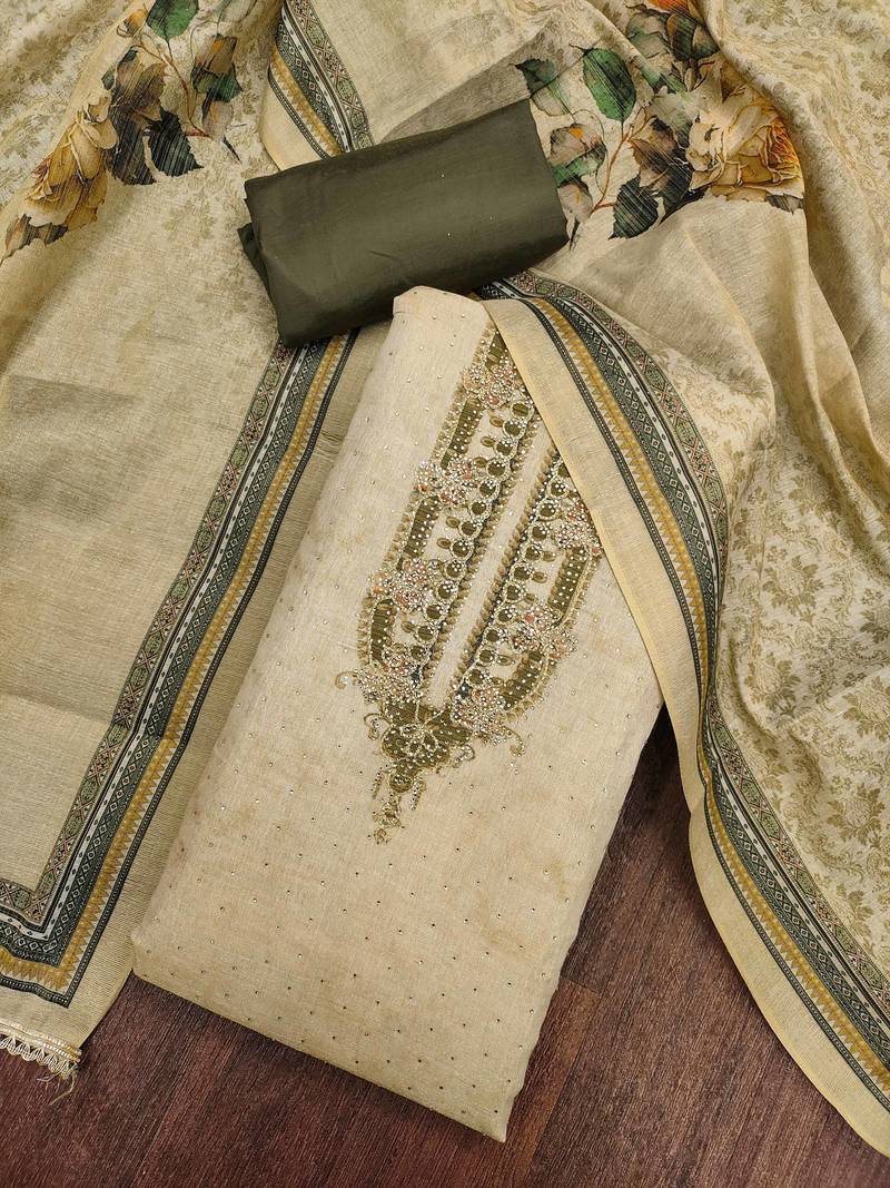 Mehendi cotton silk embellished unstitched dress material