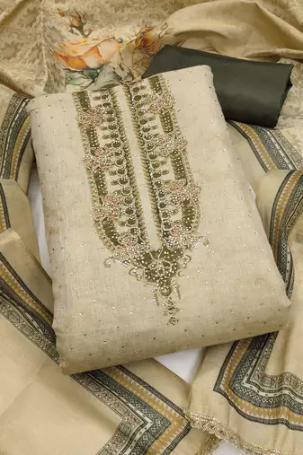 Mehendi cotton silk embellished unstitched dress material