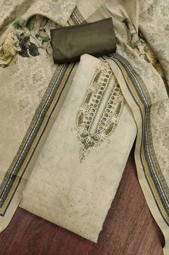 Green cotton silk embellished unstitched dress material