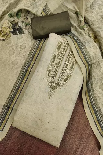 Green cotton silk embellished unstitched dress material