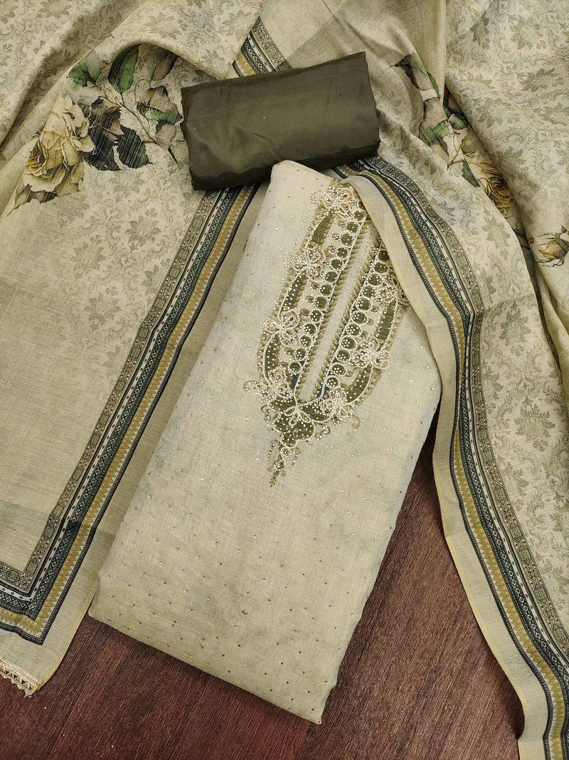 Green cotton silk embellished unstitched dress material