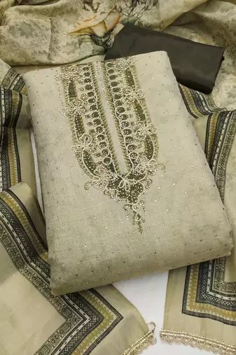 Green cotton silk embellished unstitched dress material