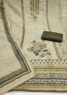 Green cotton silk embellished unstitched dress material 3