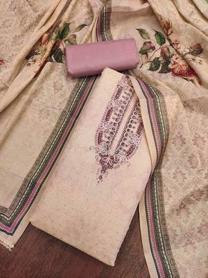Lavender cotton silk embellished unstitched dress material 1