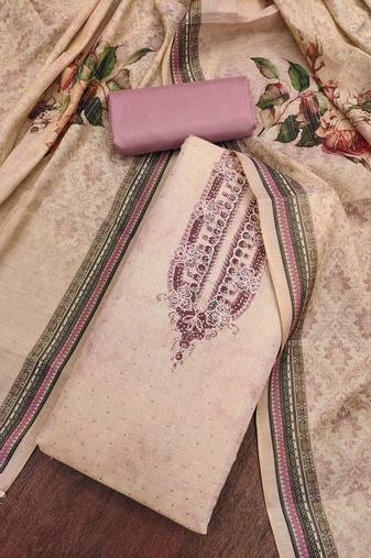 Lavender cotton silk embellished unstitched dress material