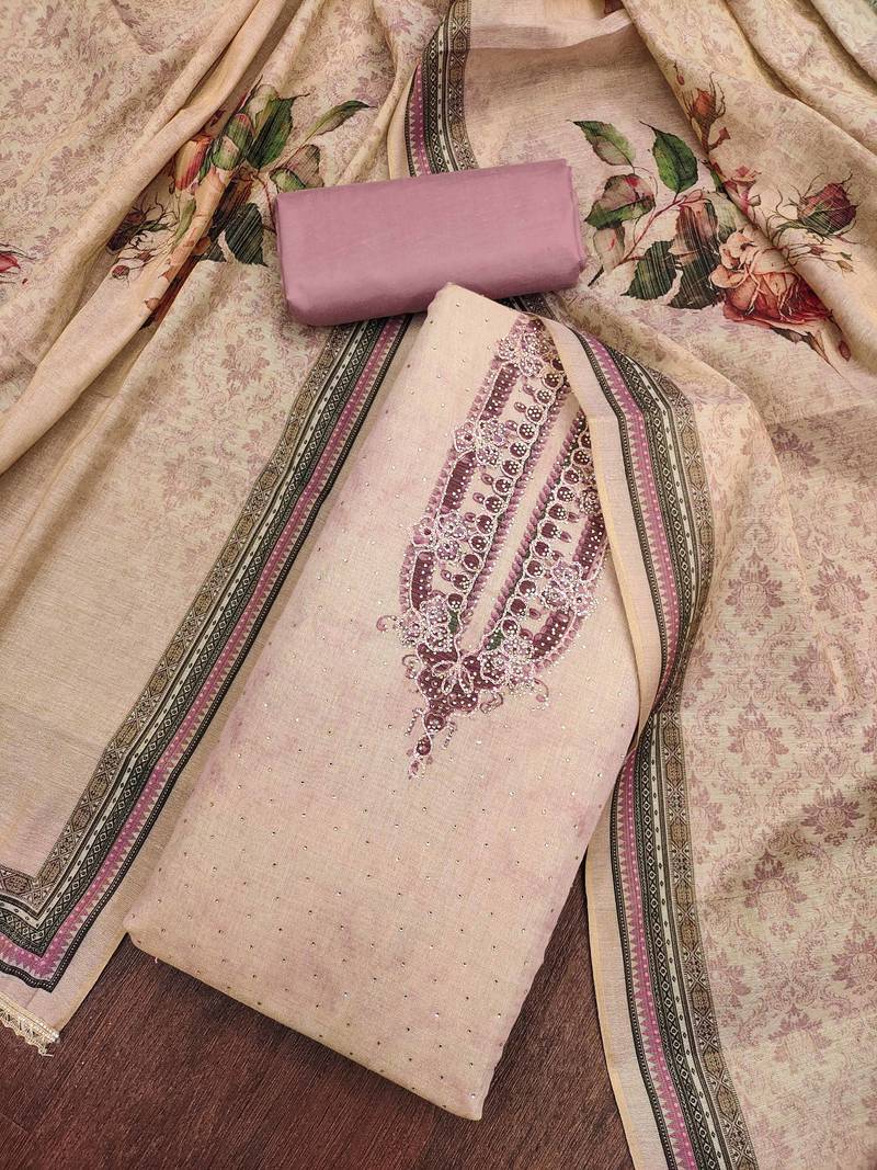 Lavender cotton silk embellished unstitched dress material