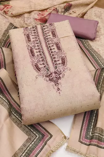 Lavender cotton silk embellished unstitched dress material