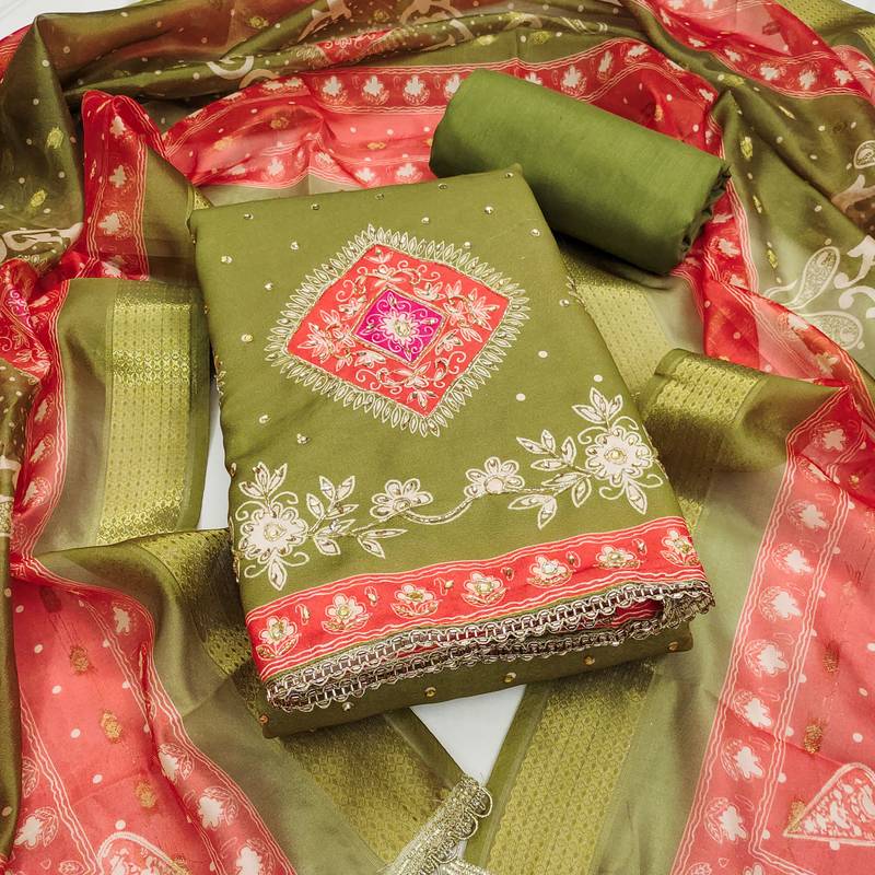 Green premium rayon cotton digital print unstitched dress material