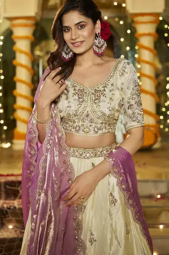 Ivory Tissue Lehenga Set with Contrast Pink Velvet Dupatta