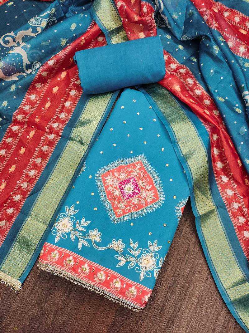 Blue premium rayon cotton digital print unstitched dress material