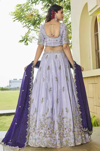 Lavender Tissue crepe Lehenga with Vibrant Contrast Dupatta