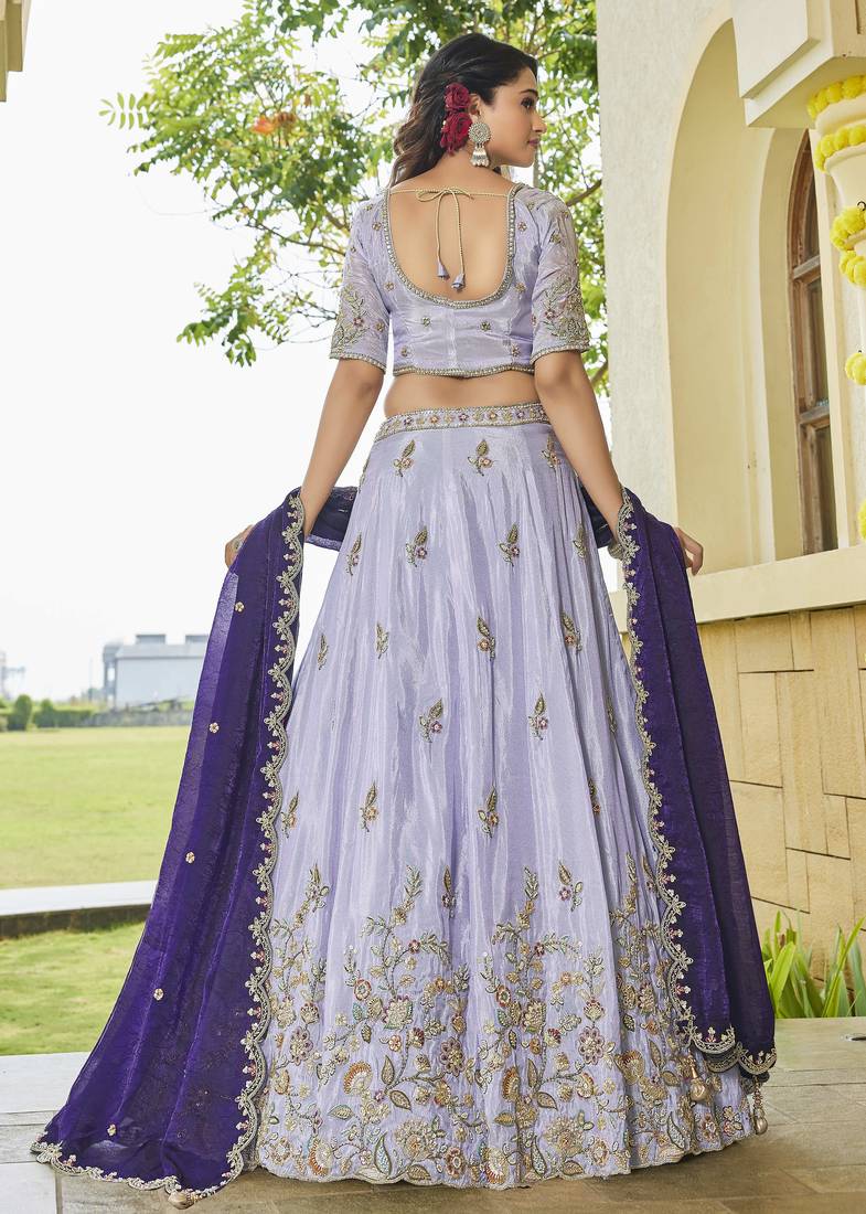 Lavender Tissue crepe Lehenga with Vibrant Contrast Dupatta