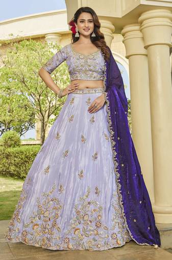 Lavender Tissue crepe Lehenga with Vibrant Contrast Dupatta