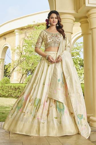 Cream Tusser Embroidered Lehenga Set with Peacock Motifs