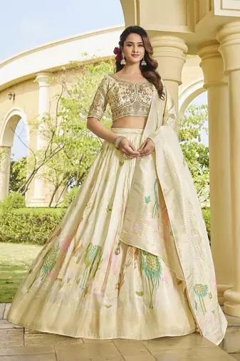 Cream Tusser Embroidered Lehenga Set with Peacock Motifs