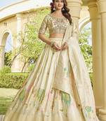 Cream Tusser Embroidered Lehenga Set with Peacock Motifs