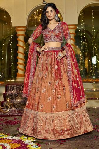 Rust Orange  Lehenga crepe Set with Rich Red Dupatta