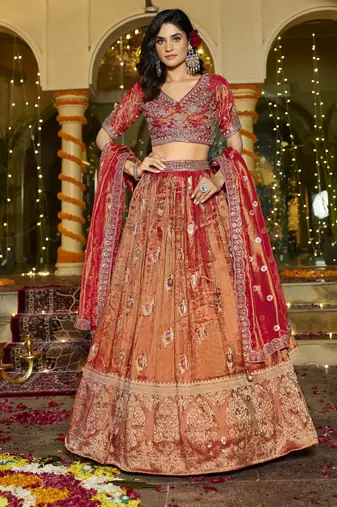 Rust Orange  Lehenga crepe Set with Rich Red Dupatta