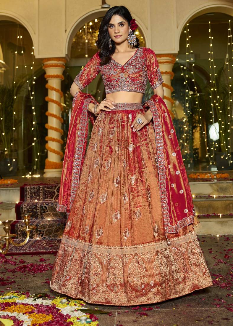 Rust Orange  Lehenga crepe Set with Rich Red Dupatta
