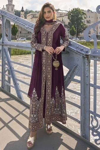 Wine embroidered pakistani anarkali suit